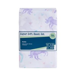 Your Zone Full Sheet Set 4 Piece Microfiber Purple Unicorn Rainbow White New